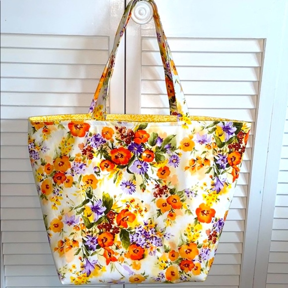 Hand Crafted Beautiful All Purpose 100% Cotton Reusable Floral Tote Bag - Picture 2 of 5